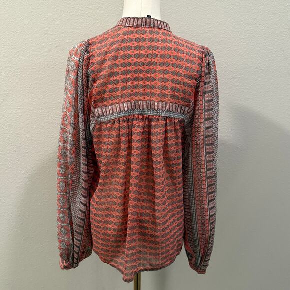 Lucky Brand Boho Tassel Tie Peasant Blouse Coral Orange Geometric Print Small - Picture 2 of 7